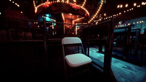 An empty amusement park at night with a single chair near the carousel Ilustração Stock