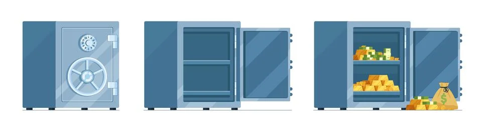 Empty and closed safe. Open, empty and full metal boxes, bank deposit storages 스톡 일러스트