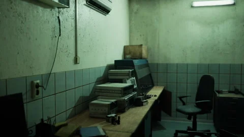 An empty and dimly lit office with old equipment and a worn chair Vídeos de archivo 308528993