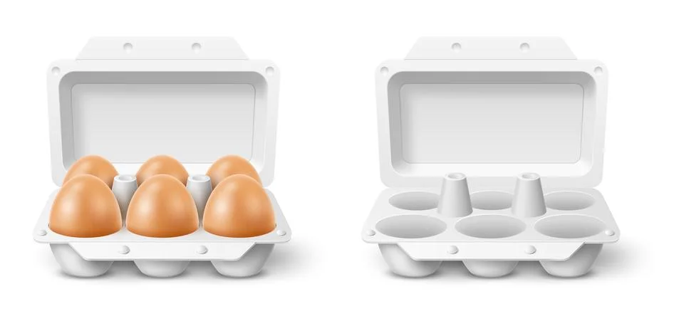 Empty and full egg tray. 3d isolated realistic food element and packaging, open 스톡 일러스트
