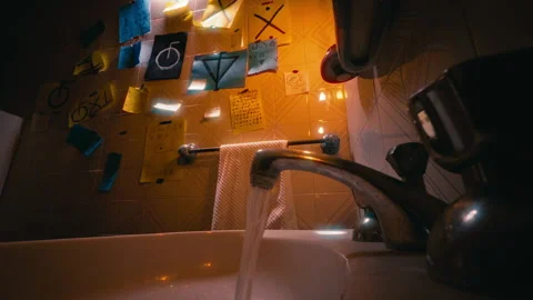 Empty And Horror Bathroom With Water Flowing From The Sink Stock Footage 313826221