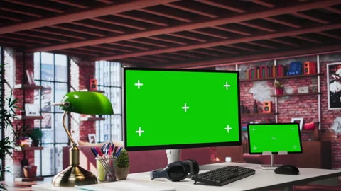 Empty apartment loft with computer running isolated mockup screen Stock Footage 307798593