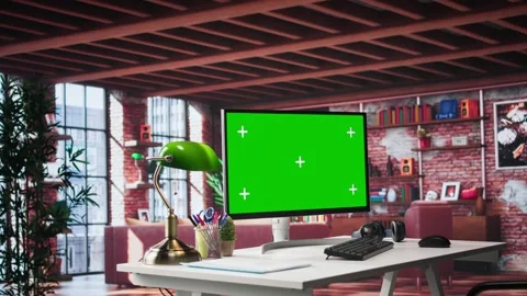 Empty apartment loft with computer running isolated mockup screen Stock Footage 309111292