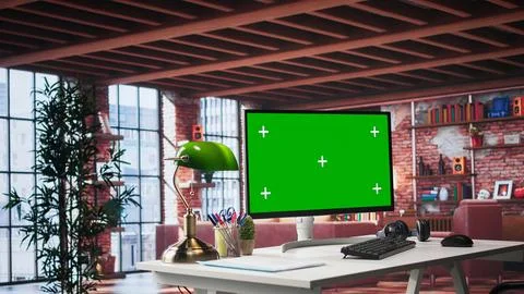 Empty apartment loft with computer running isolated mockup screen Stock Photos