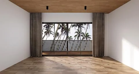 Empty apartment room with coconut tree window views Illustrazione stock