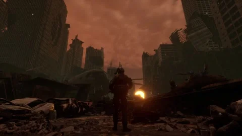 Empty Apocalyptic Street with Torch and Ruined Buildings Stock Footage 337814016