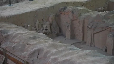Empty archaeological site with exposed clay walls, terracota warrior trench in Stock Footage 315160531