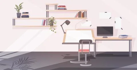 Empty architect office with adjustable drawing desk chair and computer workshop 스톡 일러스트