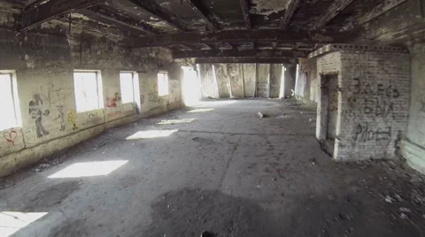 Empty area of abandoned burned building at sunny day. Aerial view Stock Footage 41763231