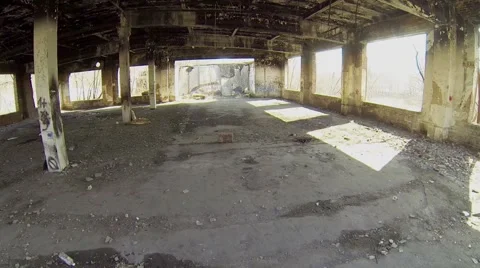 Empty area of neglected burned building at sunny day. Aerial view Stock Footage 41763295