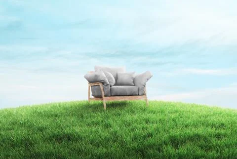 Empty armchair in a grass field, 3d rendering Stock Illustration