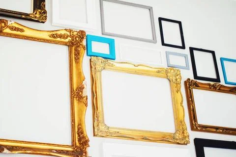 Empty art frames on gallery wall, decor and design Empty art frames on gal... Stock Photos