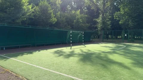 Empty artificial turf soccer field with green dugout and goal in a park Vidéo 339366669