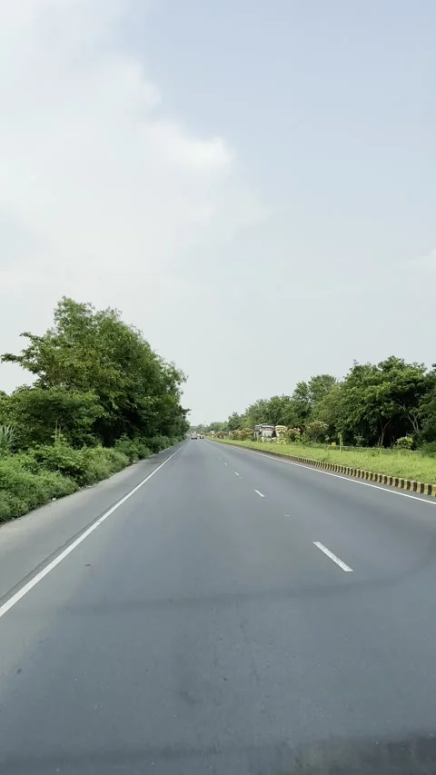 Empty asphalt highway passing through lush green forest under a cloudy sky Stock Footage 339025044