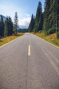 Empty asphalt road with cloudy sky and sunlight in mountains and forest. Tran Stock Photos