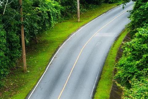 Empty asphalt road leading through lush green tropical forest and hill in d.. Stock Photos