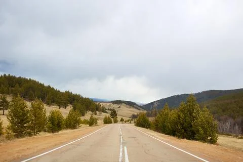 An empty asphalt road in the middle of forest and mountains Foto stock