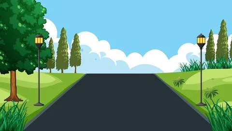 Empty Asphalt Road Through Green Park with Street Lamps Stock Illustration