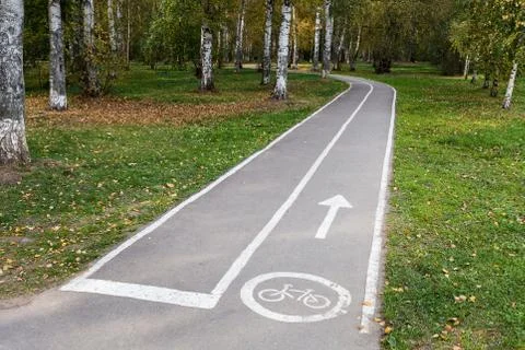 Empty asphalted bike path with an icon and arrow in a public city park  Stock Photos