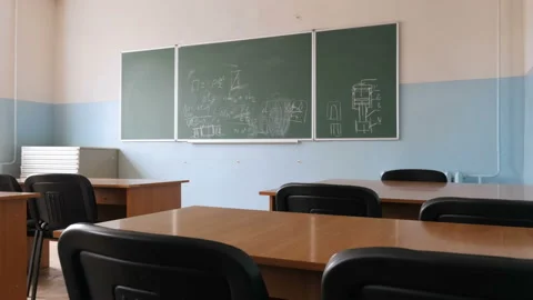 Empty auditorium for lectures. Blackboard, rows of wooden desks, soft chairs Stock Footage 91814118