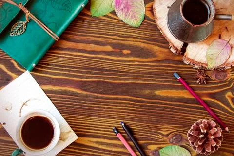 Empty autumn wooden background with frame consisting of dairy, cofee, ?ezve,  Stock Photos