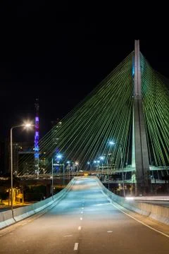 Empty avenue - cable stayed bridge in Sao Paulo - Brazil - at night Stock Photos