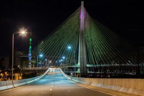 Empty avenue - cable stayed bridge in Sao Paulo - Brazil - at night Stock Photos