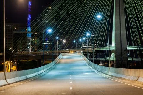 Empty avenue - cable stayed bridge in Sao Paulo - Brazil - at night Stock Photos