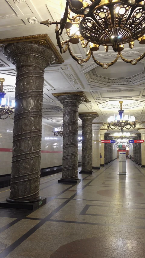 Empty Avtovo metro platform in Saint Petersburg, ornate marble columns and .. Stock Footage 323972728