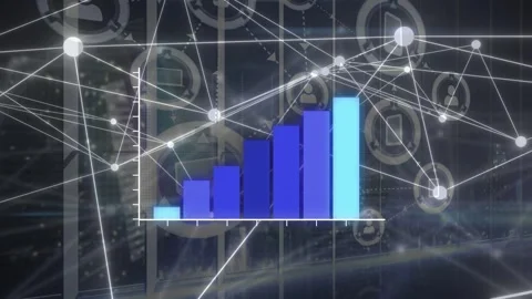 Empty axis fading in, bar chart rising to peak then collapsing, network pulsing Stock Footage 334858414