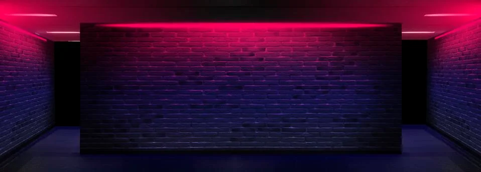 Empty background of an old brick wall, neon light. Dark room with brick walls. N Stock Photos