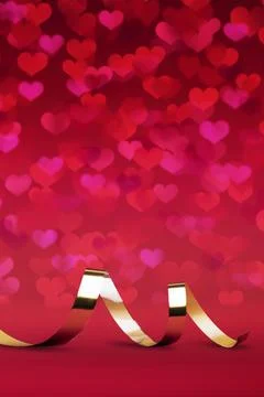 An empty background of red blurred hearts, a festive yellow ribbon. mockup Stock Photos