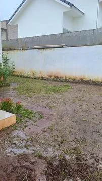 Empty backyard with dirt soil and a white wall Stock Photos