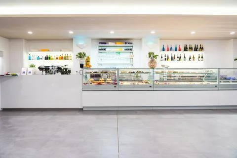 Empty Bakery Shop Interior With Coffee Maker, Pastries, Dessert. Stock Photos