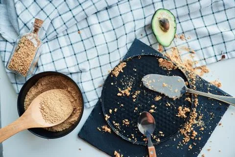 Empty baking form with crumbs Stock Photos