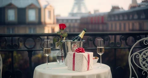 Empty Balcony with Champagne and Gift on Table in Paris Stock Footage 296172297