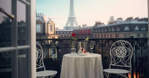 Empty Balcony with Champagne on Table in Paris Stock Footage 296172193