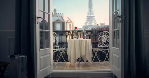 Empty Balcony with Champagne on Table in Paris Stock Footage 296172204