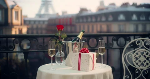 Empty Balcony with Champagne on Table in Paris Stock Footage 296172286