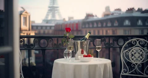 Empty Balcony with Champagne on Table in Paris Stock Footage 296172288