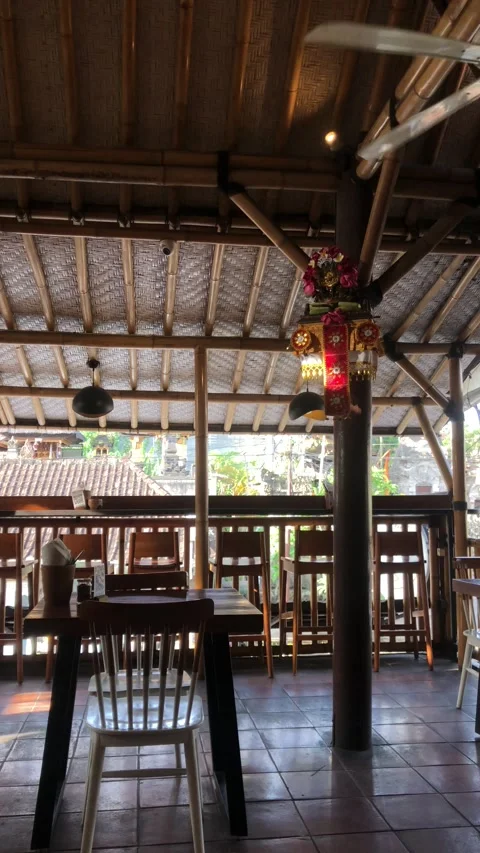 Empty Bali Cafe Interior with Traditional Bamboo Architecture Vertical Stock Footage 340390324