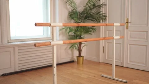 Empty ballet dance studio with barre. Professional ballet barre for stretching Stock Footage 318411353