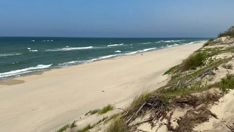 Empty Baltic Sea Beach with Sand Dunes and Blue Water Stockbeeldmateriaal 311130480