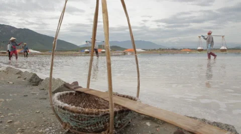 Empty bamboo baskets Workers in Background Stock Footage 42415421
