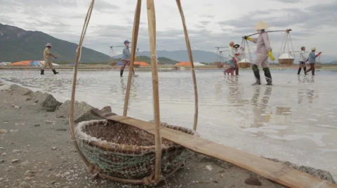 Empty bamboo baskets Workers in Background Stock Footage 42416525