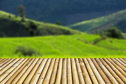 Empty bamboo table for product display in front of nature blurred background.  Stock Photos
