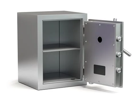 Empty bank vault safe isolated on white. Security and protection. Illustrazione stock