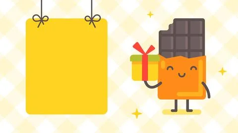 Empty banner and chocolate character holding gift box. Funny character Stock Illustration