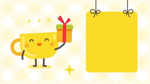 Empty banner and cup character holding gift box Stock Footage 242723326