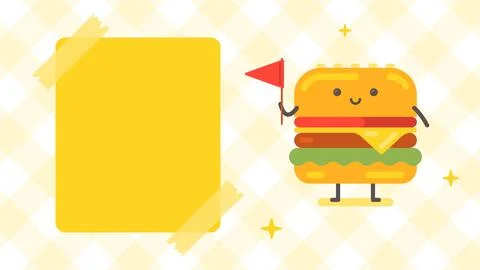 Empty banner and hamburger character holding red flag. Funny character Illustrazione stock